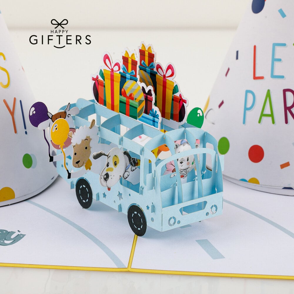 Išsiskleidžiantis 3D šventinis atvirukas Happy Gifters Gimtadienio autobusas, 15x15cm kaina ir informacija | Vokeliai, atvirukai | pigu.lt