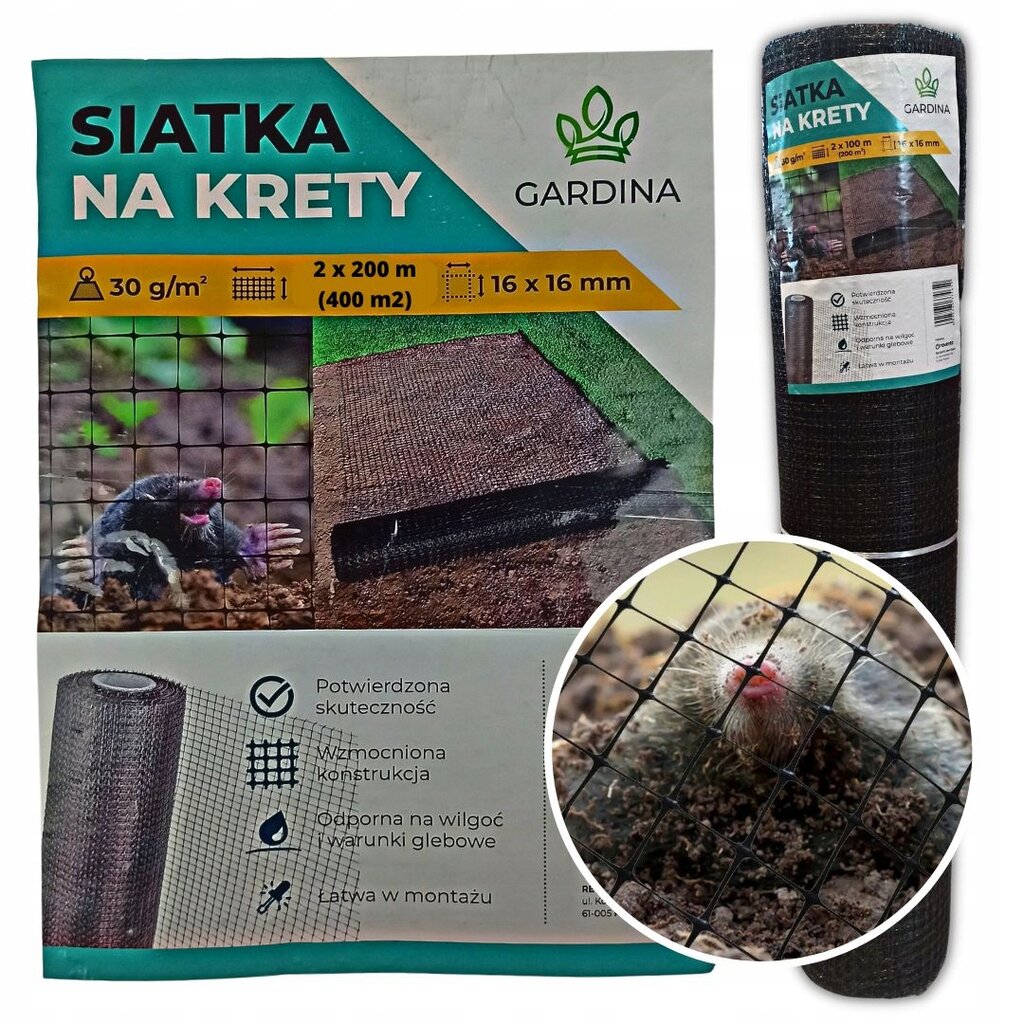 Tinklas nuo kurmių su smeigtukais Gardina, 30 g/m2, 2x200 m, juodas kaina ir informacija | Graužikų, kurmių naikinimas | pigu.lt