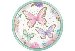 Popierinės lėkštės su drugeliais, 23 cm, 8 vnt. kaina ir informacija | Vienkartiniai indai šventėms | pigu.lt