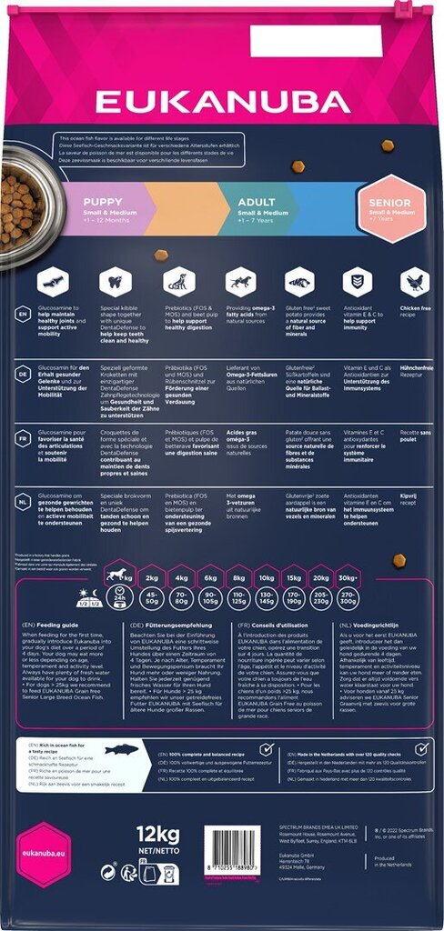 Eukanuba Senior mažų ir vidutinių veislių šunims su žuvimi, 12 kg kaina ir informacija | Sausas maistas šunims | pigu.lt