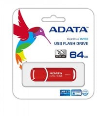 USB карта памяти A-data UV150 64GB USB 3.0 Красная цена и информация | ADATA Компьютерная техника | pigu.lt