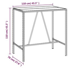 vidaXL Stalas su stikliniu stalviršiu, rudas, 110x70x110cm, ratanas kaina ir informacija | Lauko stalai, staliukai | pigu.lt