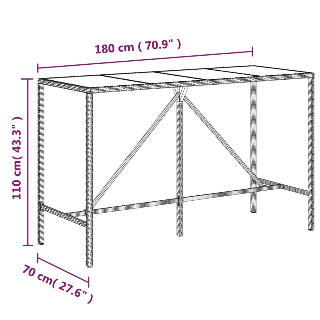 vidaXL Stalas su stikliniu stalviršiu, pilkas, 180x70x110cm, ratanas kaina ir informacija | Lauko stalai, staliukai | pigu.lt