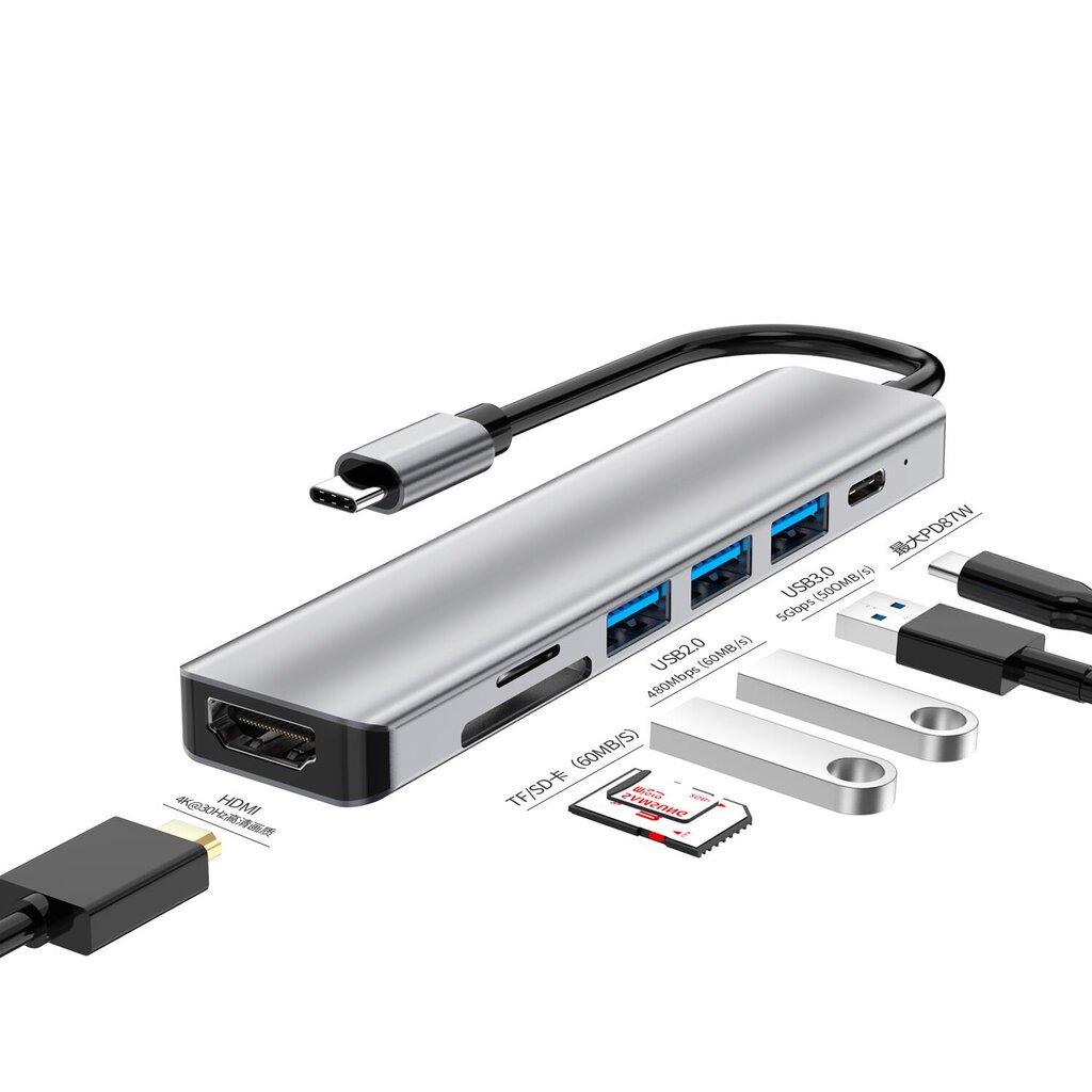 Šakotuvas Hub7in1 USB-C/HDMI/Micro SD kaina ir informacija | Adapteriai, USB šakotuvai | pigu.lt