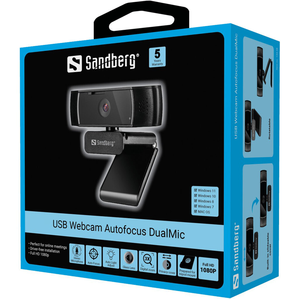 Sandberg Autofocus DualMic 134-38 kaina ir informacija | Kompiuterio (WEB) kameros | pigu.lt