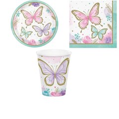 Праздничный набор "Свечение бабочек" - бумажные тарелки, стаканы и салфетки цена и информация | Праздничная одноразовая посуда | pigu.lt