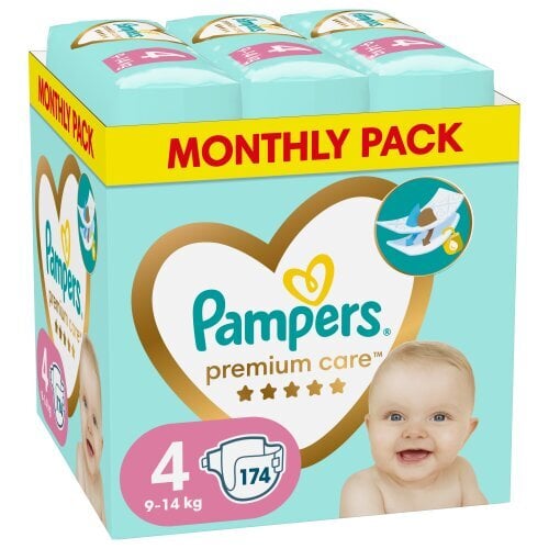 Sauskelnės PAMPERS Premium Care Monthly Pack, 4 dydis, 9-14 kg, 174 vnt kaina ir informacija | Sauskelnės | pigu.lt
