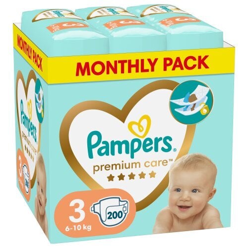 Sauskelnės PAMPERS Premium Care Monthly Pack, 3 dydis, 6-10 kg, 200 vnt цена и информация | Sauskelnės | pigu.lt