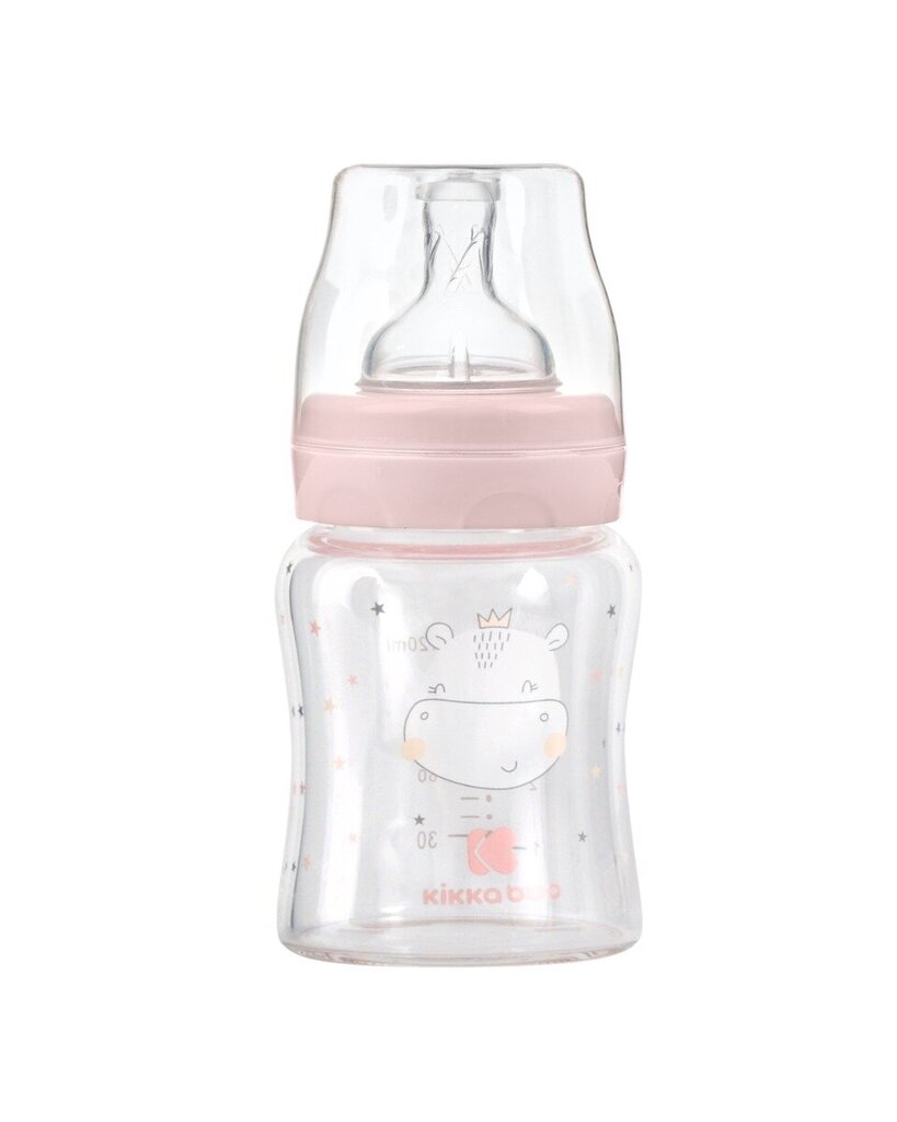 Stiklinis maitinimo buteliukas KikkaBoo Hippo, Dreams Pink, 0+ mėn, 120ml kaina ir informacija | Buteliukai kūdikiams ir jų priedai | pigu.lt