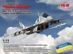 Klijuojamas Modelis ICM 72143 Ukrainian Fighter with HARM missiles MiG-29, 9-13, Radar Hunter, 1/72 kaina ir informacija | Klijuojami modeliai | pigu.lt