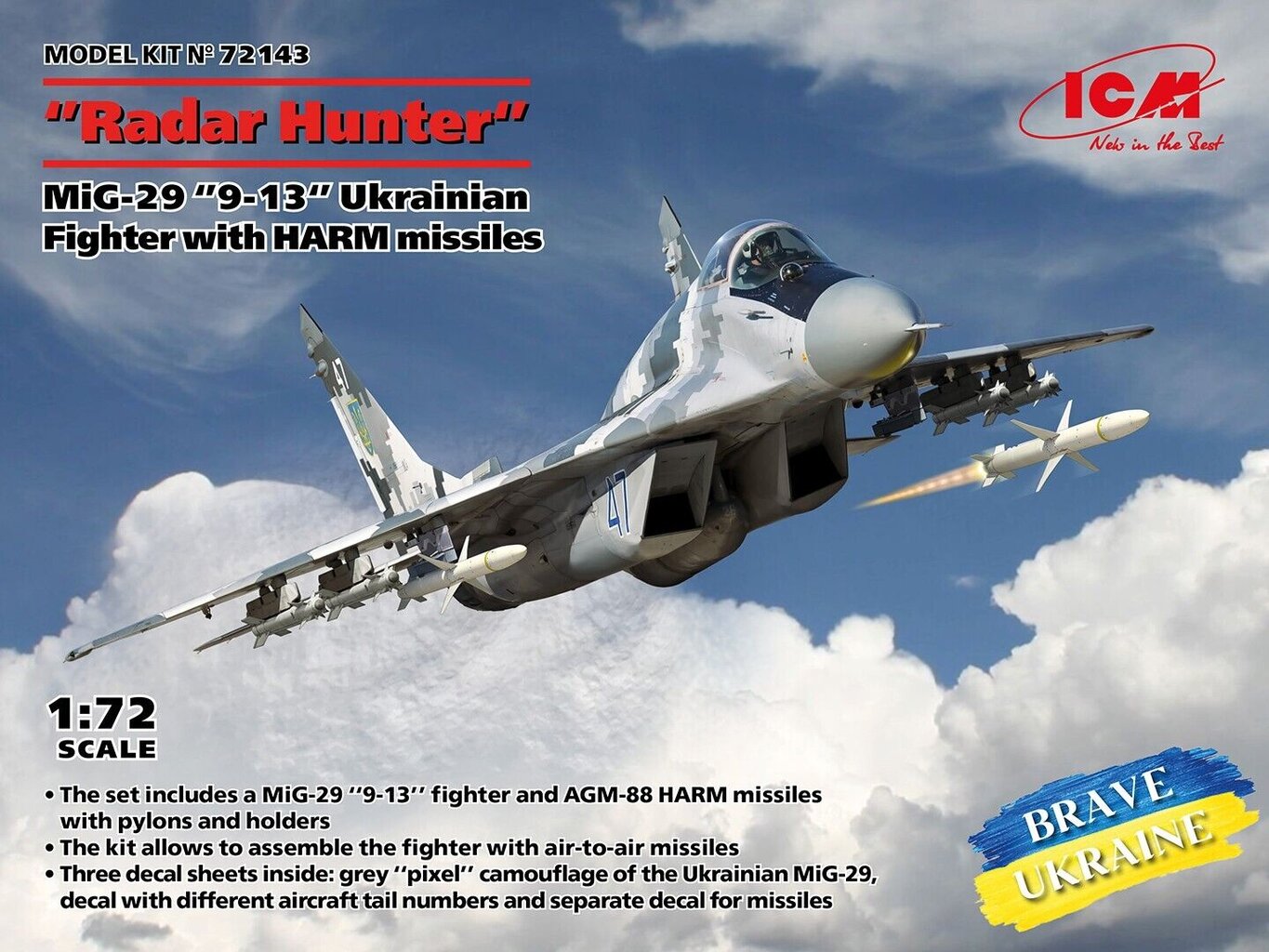 Klijuojamas Modelis ICM 72143 Ukrainian Fighter with HARM missiles MiG-29, 9-13, Radar Hunter, 1/72 kaina ir informacija | Klijuojami modeliai | pigu.lt