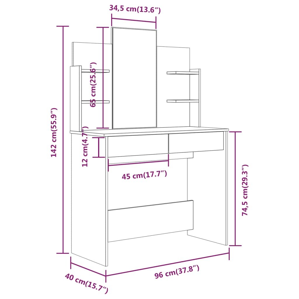 vidaXL Kosmetinio staliuko komplektas, juodos spalvos, 96x40x142cm kaina ir informacija | Kosmetiniai staliukai | pigu.lt