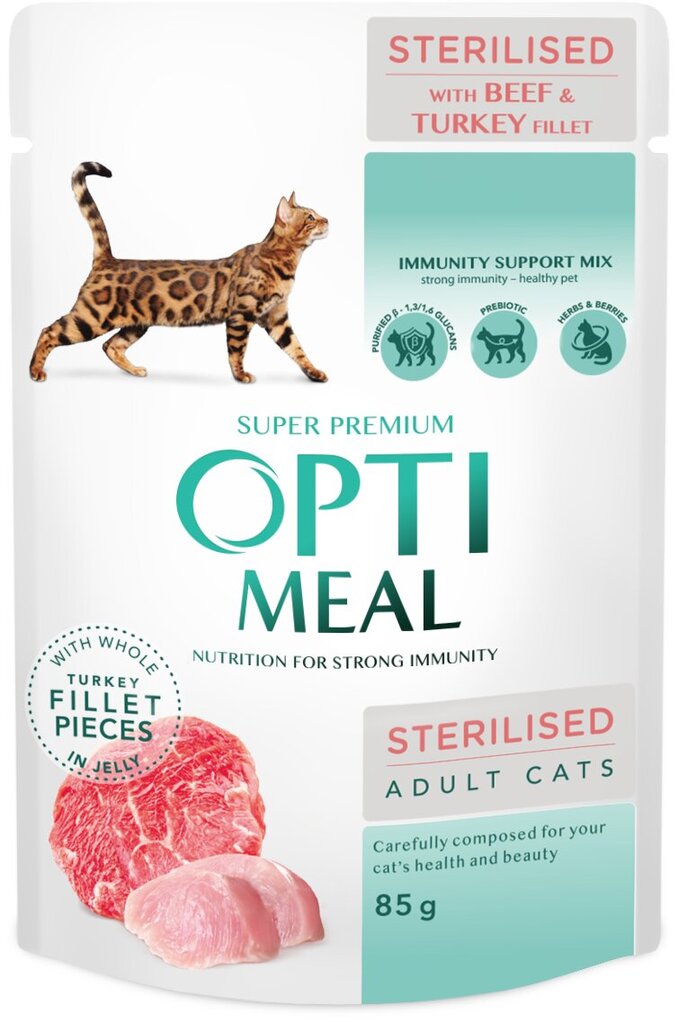 Optimeal ™ sterilizuotoms katėms ir kastruotiems katinams su jautiena ir kalakutienos filė drebučiuose, 85 g x 12 vnt kaina ir informacija | Konservai katėms | pigu.lt