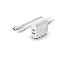 Сетевая зарядка Belkin Boost Charge Dual USB-A 24W + Lightning to USB-A cable белая цена и информация | Зарядные устройства для телефонов | pigu.lt