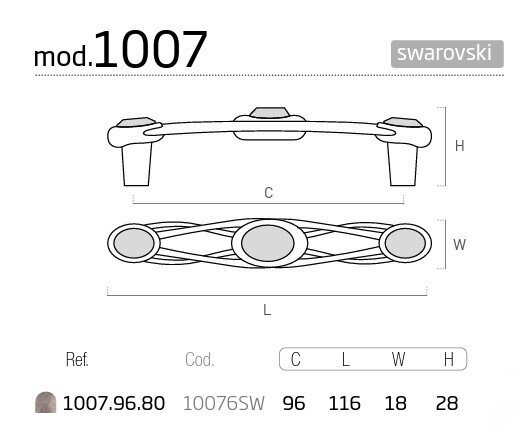 Rankena 1007.96.80, 96mm, Swarovski kristalas, pasidabruotas, matinis, 2 vnt. kaina ir informacija | Baldų rankenėlės | pigu.lt