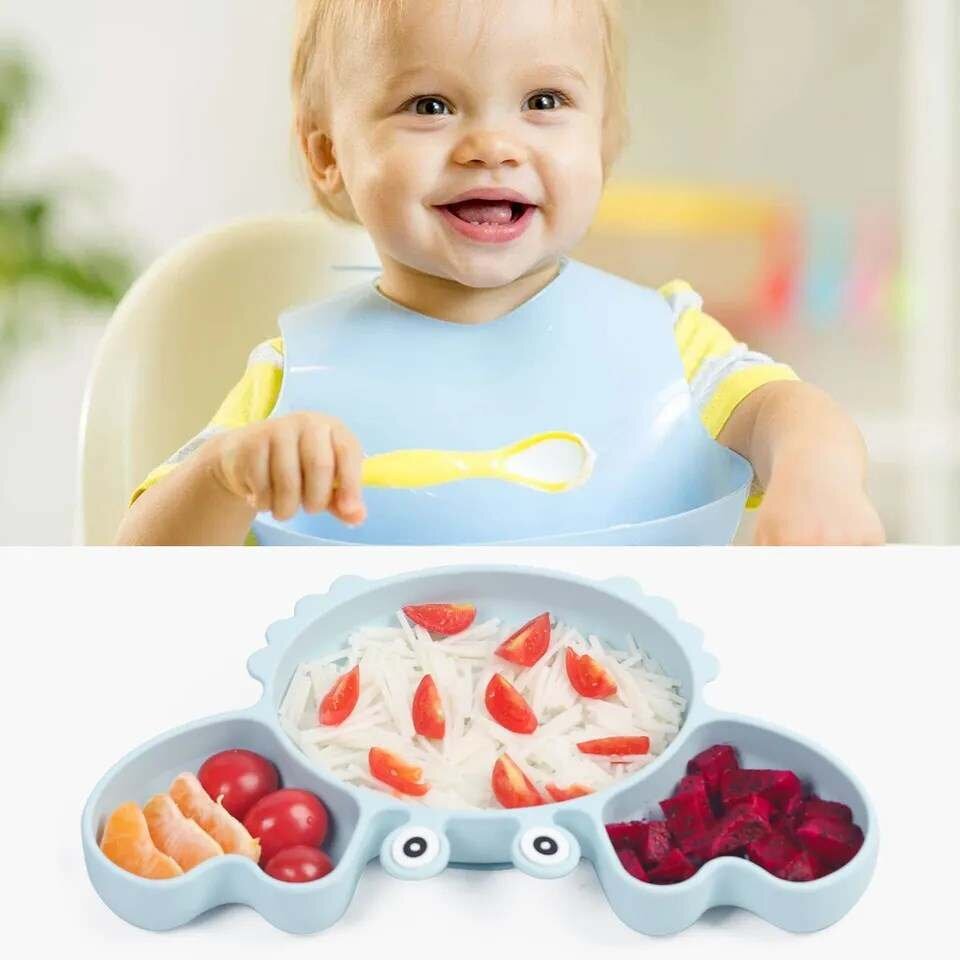 Vaikiškų silikoninių indų rinkinys Krabas, rožinis, 6 mėn+ kaina ir informacija | Kūdikių indai, indeliai pienui ir įrankiai | pigu.lt