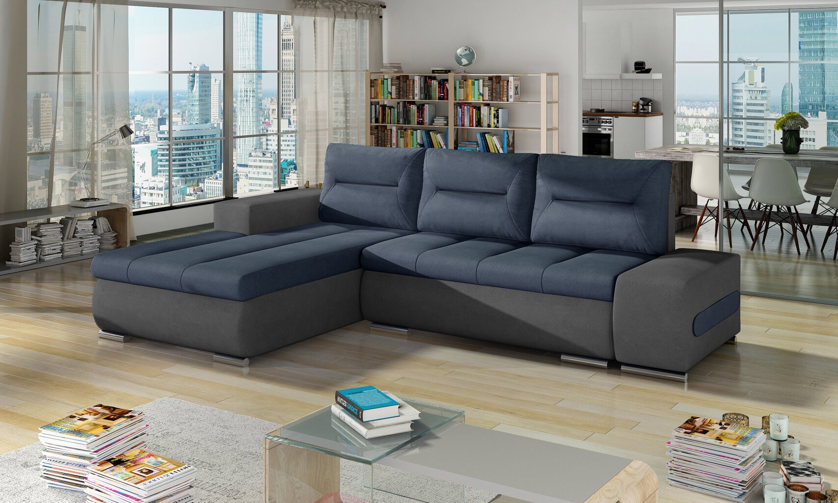 Kairinė kampinė sofa Eltap Ottavio, mėlynas/juodas kaina ir informacija | Minkšti kampai | pigu.lt