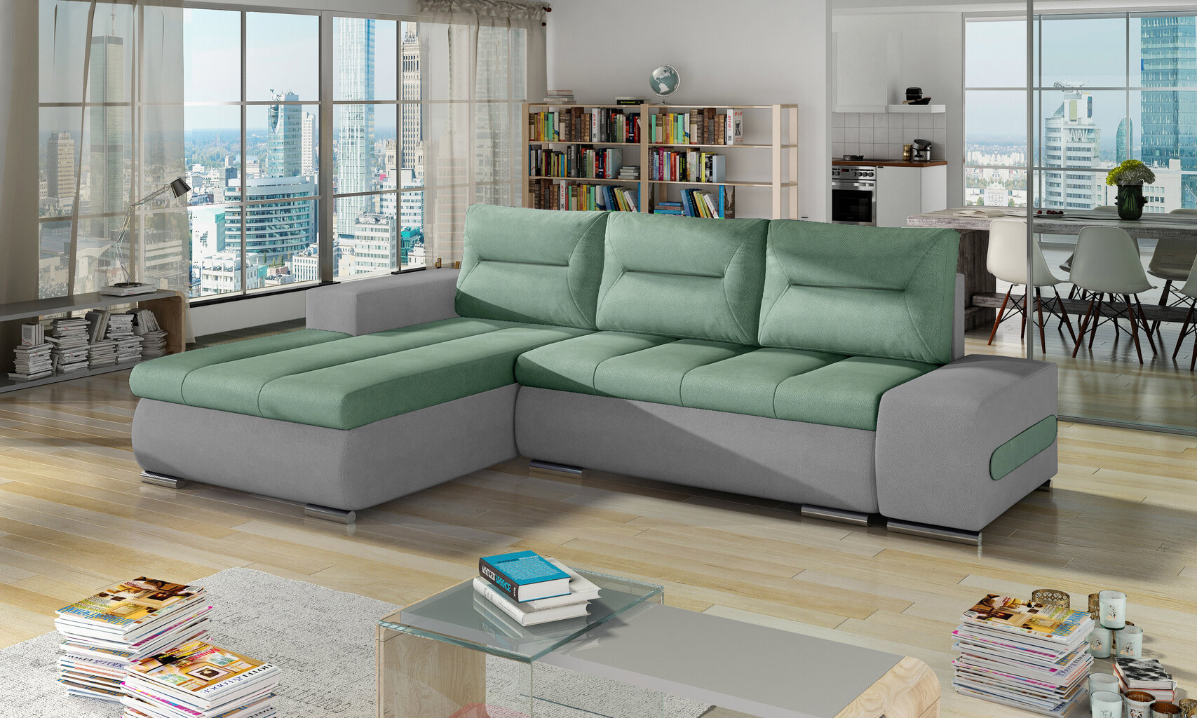 Kairinė kampinė sofa Eltap Ottavio, žalia/pilka kaina ir informacija | Minkšti kampai | pigu.lt
