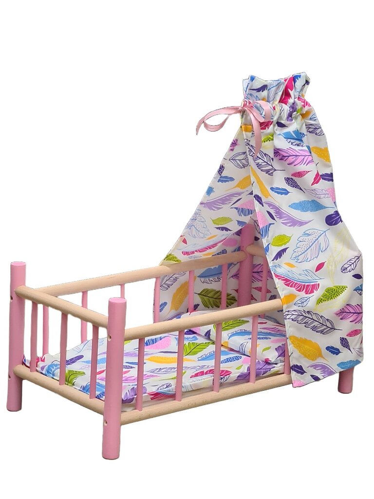 Medinė lovytė lėlei su baldakimu ir pataliukais 8238 цена и информация | Žaislai mergaitėms | pigu.lt