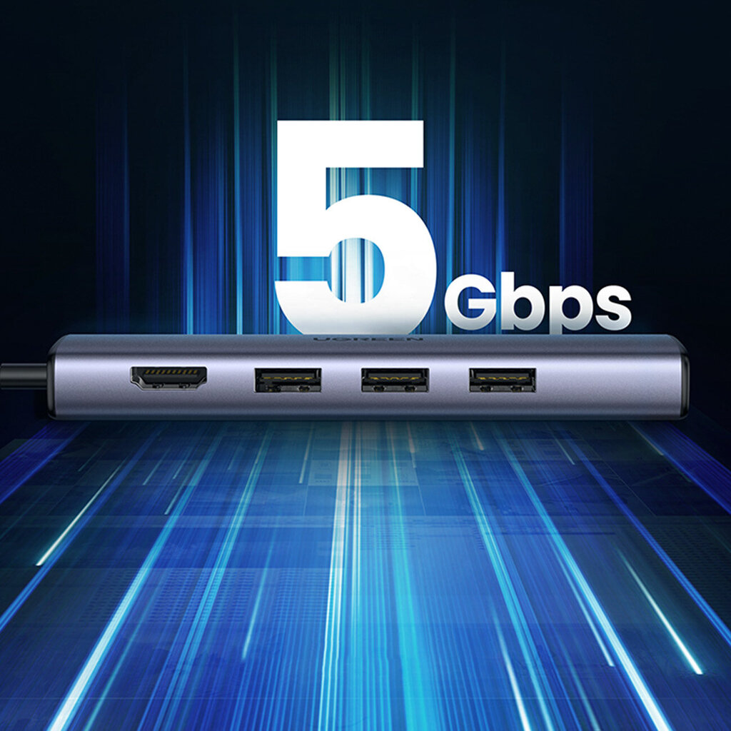 Adapteris Ugreen HUB 5in1 CM475 USB C - 3x USB 3.0 / HDMI / RJ45 kaina ir informacija | Adapteriai, USB šakotuvai | pigu.lt