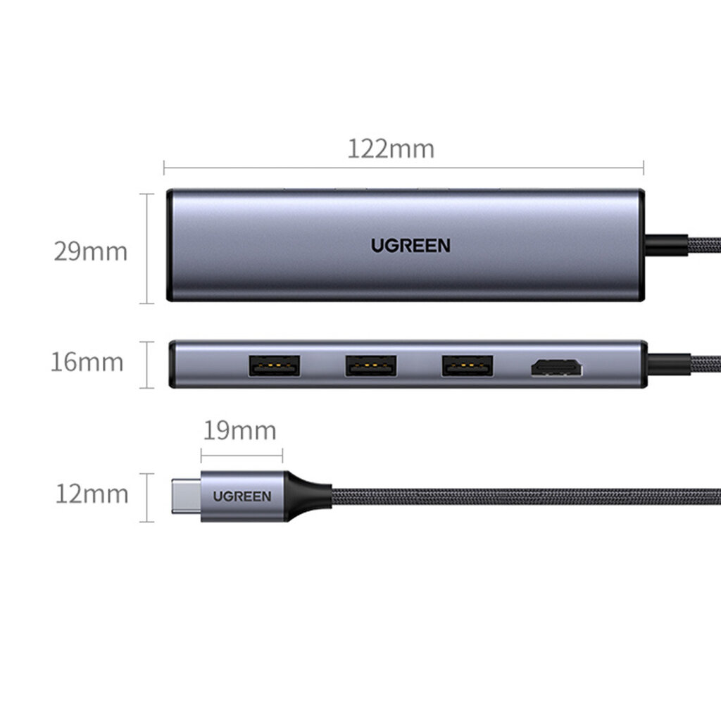 Adapteris Ugreen HUB 5in1 CM475 USB C - 3x USB 3.0 / HDMI / RJ45 kaina ir informacija | Adapteriai, USB šakotuvai | pigu.lt