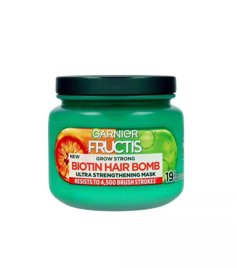 Stiprinanti plaukų kaukė Garnier Fructis Grow Strong Biotin Hair Bomb, 320 ml kaina ir informacija | Priemonės plaukų stiprinimui | pigu.lt