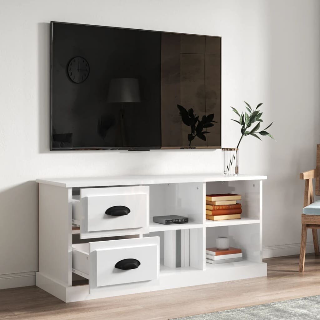 vidaXL Televizoriaus spintelė, balta, 102x35,5x47,5cm, mediena, blizgi kaina ir informacija | TV staliukai | pigu.lt