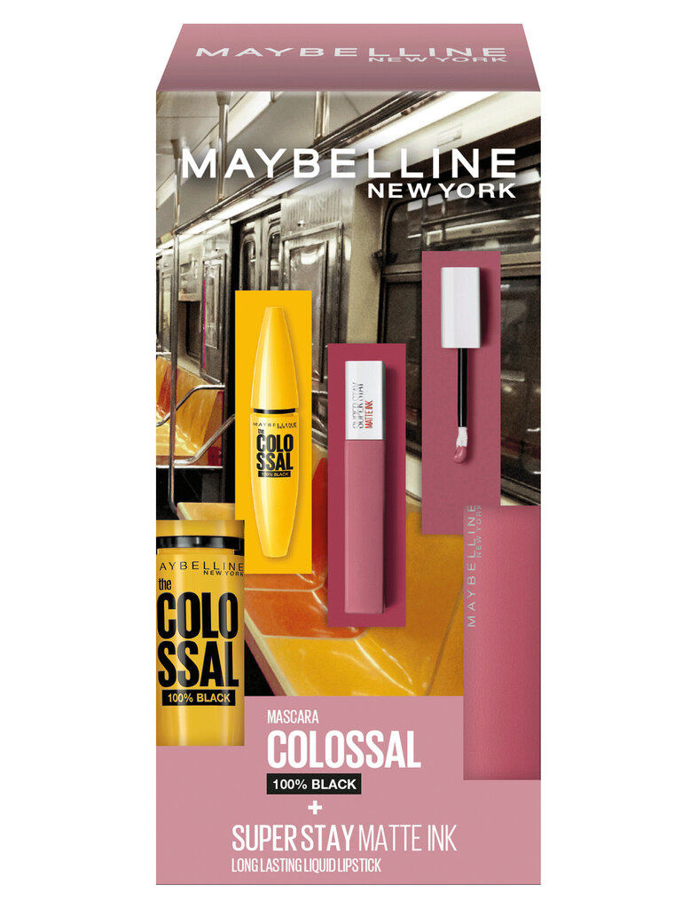 Rinkinys Maybelline NY Colossal: skysti lūpų dažai + blakstienų tušas kaina ir informacija | Akių šešėliai, pieštukai, blakstienų tušai, serumai | pigu.lt