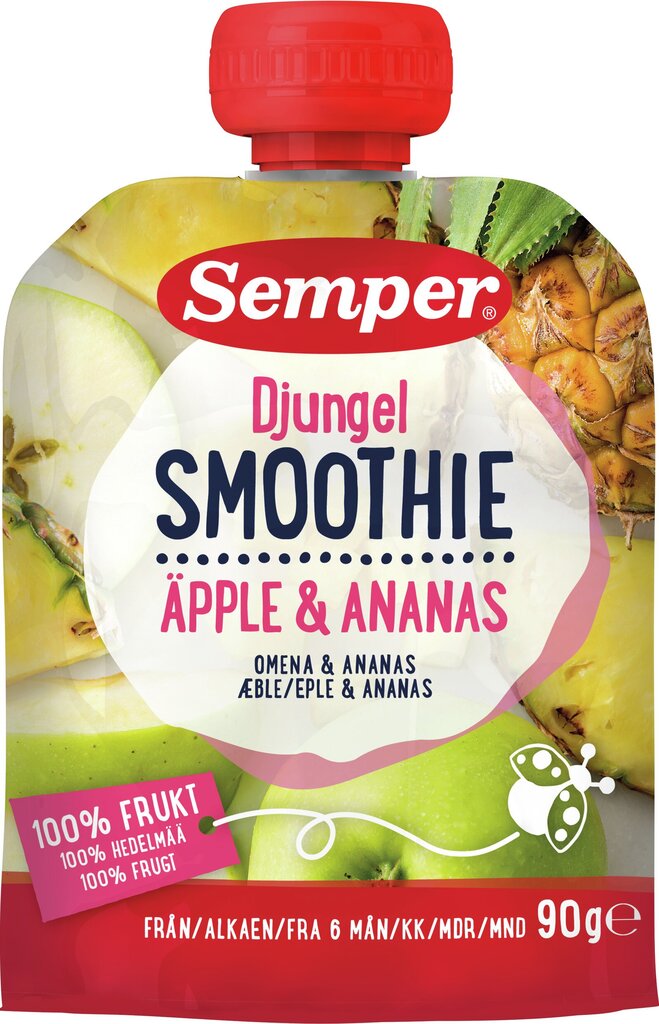 Obuolių ir ananasų tyrė Semper Smoothie, 6 mėn+, 90 g x 6 pakuotės kaina ir informacija | Tyrelės | pigu.lt