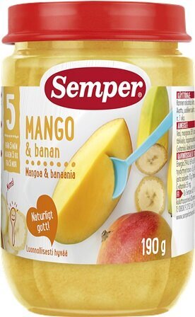 Mangų, bananų tyrelė Semper, 5-6 mėn+, 190g x 6 pakuotės kaina ir informacija | Tyrelės | pigu.lt