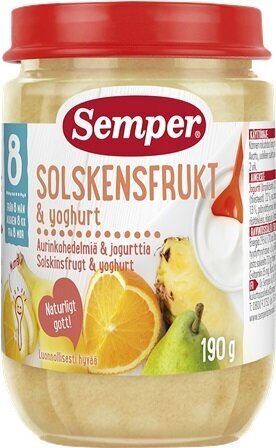 Apelsinų, ananasų, jogurto tyrelė Semper, 8 mėn+, 190g x 6 pakuotės kaina ir informacija | Tyrelės | pigu.lt
