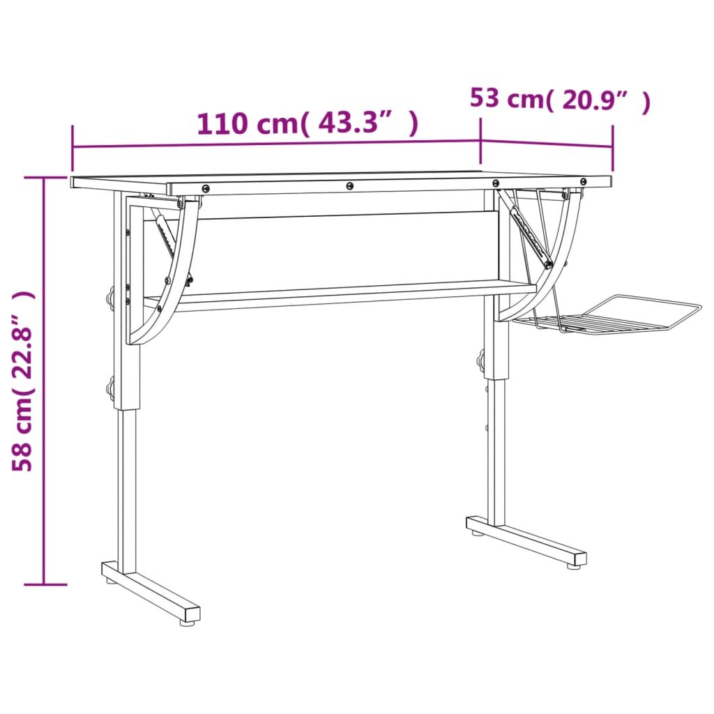 vidaXL Stalas, baltas/pilkas, 110x53x(58–87)cm, mediena/plienas kaina ir informacija | Kompiuteriniai, rašomieji stalai | pigu.lt