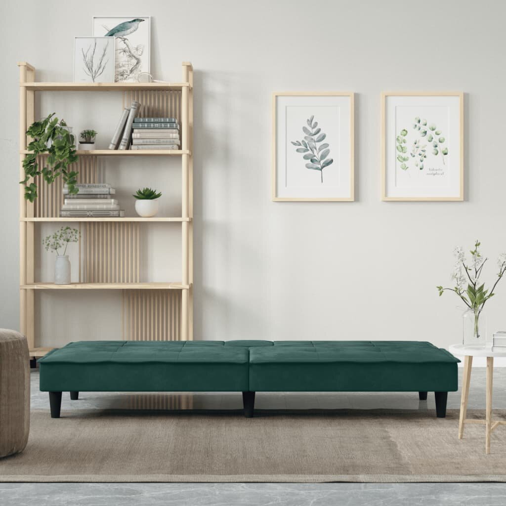 vidaXL Sofa-lova su puodelių laikikliais, tamsiai žalia, aksomas цена и информация | Sofos | pigu.lt