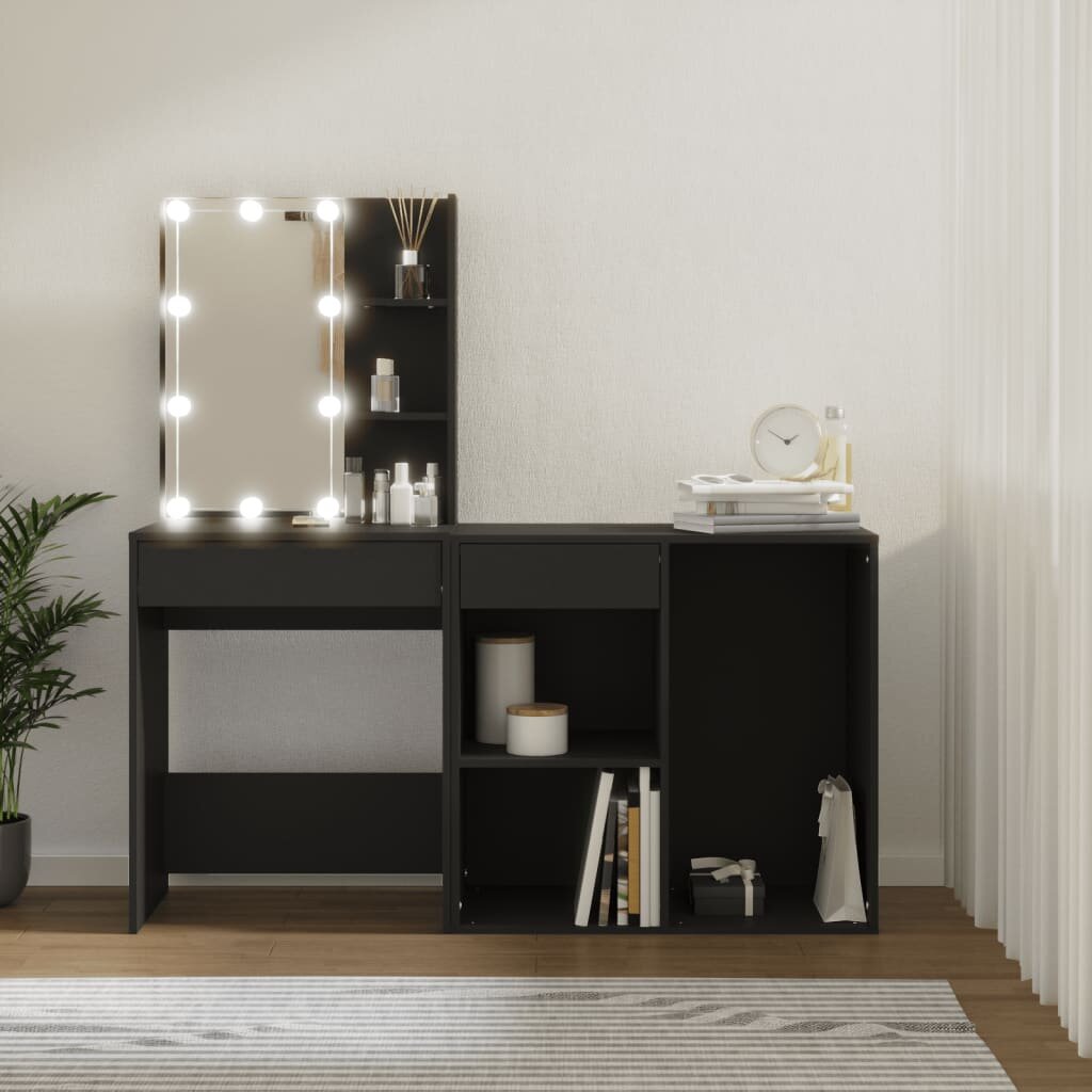 vidaXL Kosmetinis staliukas su LED ir spintele, juodas, mediena kaina ir informacija | Kosmetiniai staliukai | pigu.lt