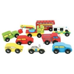 Medinių automobilių rinkinys bėgiams Bigjigs Toys, 9 vnt kaina ir informacija | Lavinamieji žaislai | pigu.lt