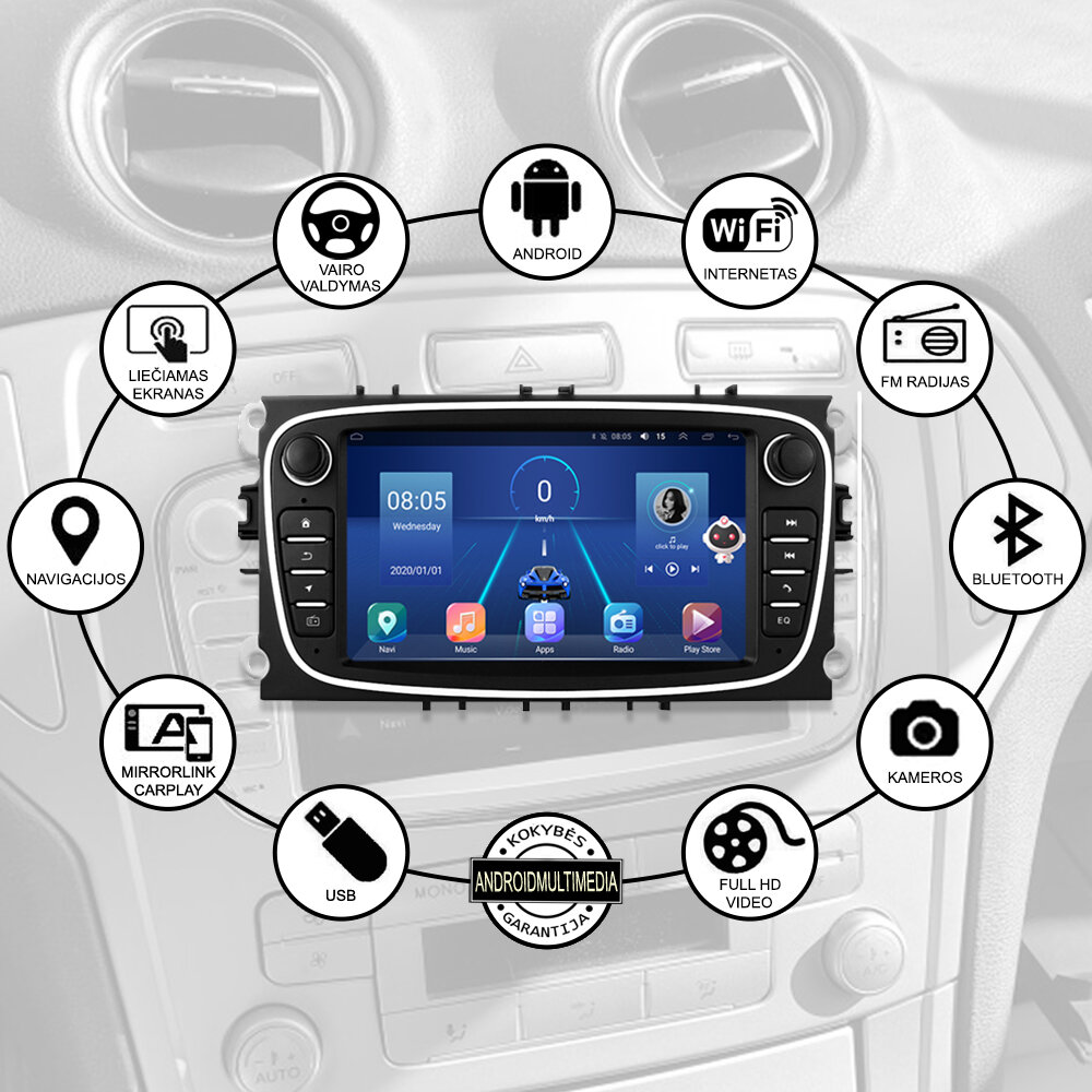Ford S-Max Mondeo 2007-12 Android multimedija Juoda kaina ir informacija | Automagnetolos, multimedija | pigu.lt