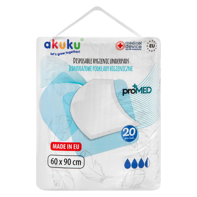 Vienkartiniai higieniniai paklotai Akuku proMED, 60x90cm, 20 vnt. kaina ir informacija | Drėgnos servetėlės, paklotai | pigu.lt