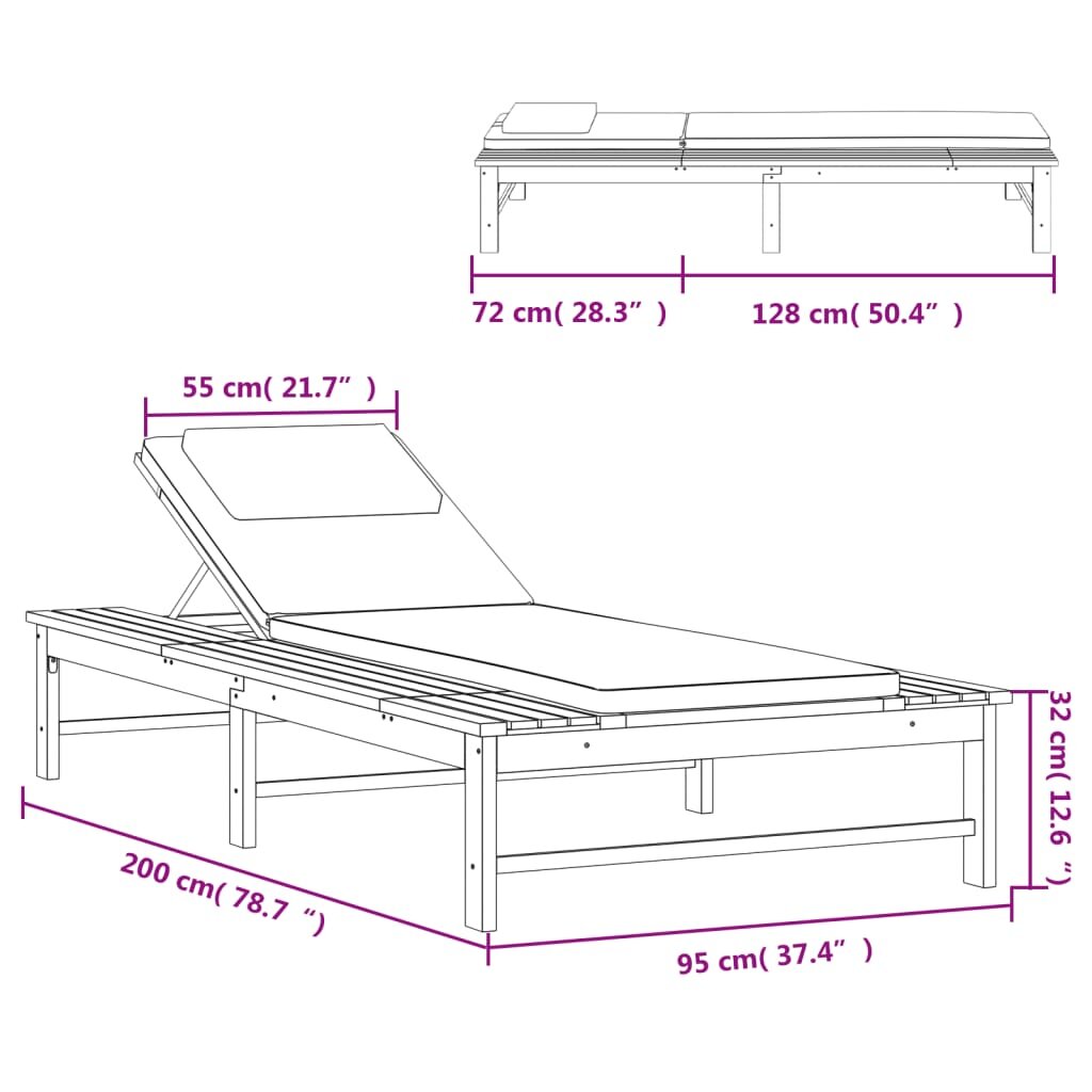 vidaXL Saulės gultas su tamsiai pilkais čiužinuku ir pagalve, akacija kaina ir informacija | Gultai | pigu.lt