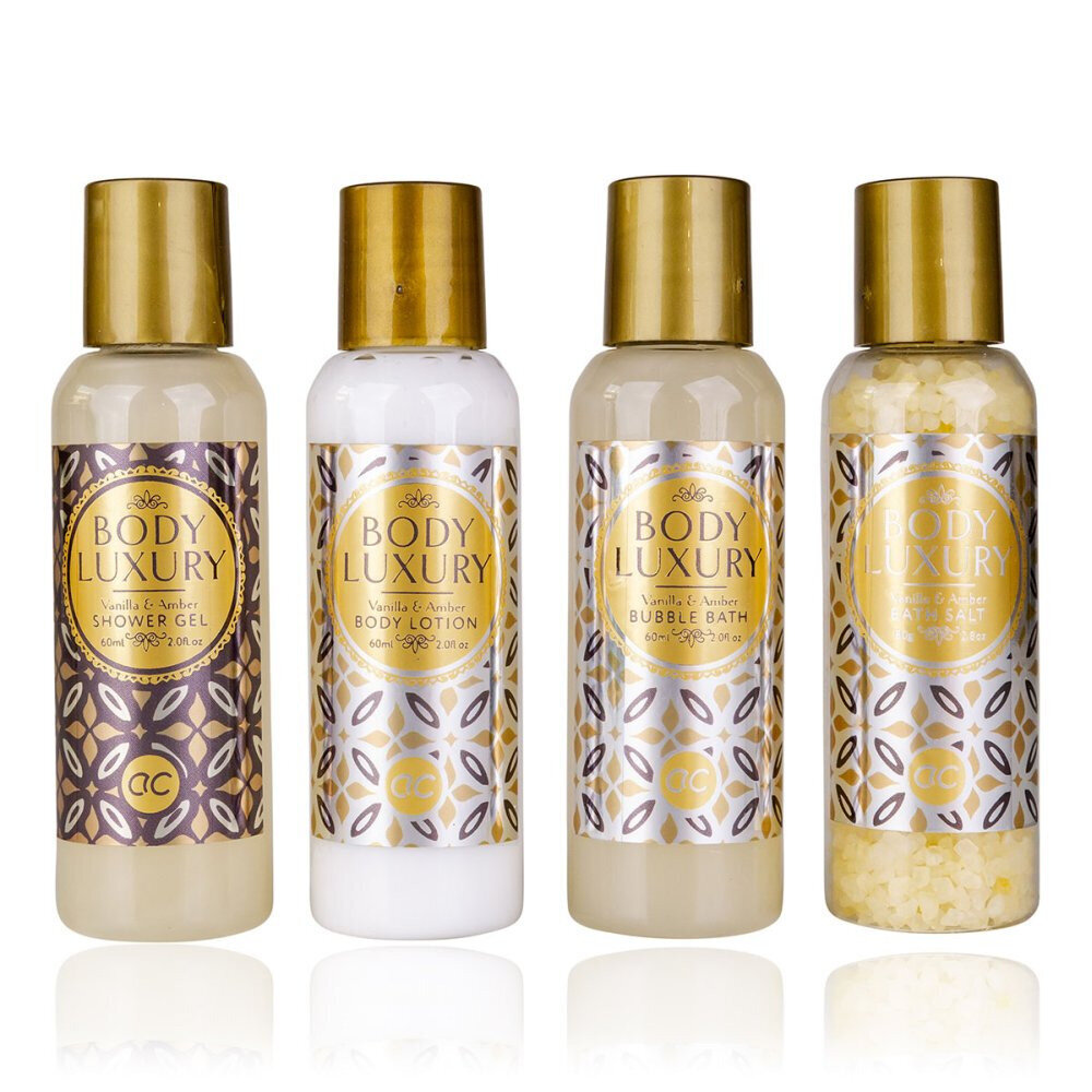 Vonios priemonių rinkinys Body Luxury: dušo želė, 60 ml + kūno losjonas, 60 ml + vonios putos, 60 ml + vonios druska, 80 g kaina ir informacija | Dušo želė, aliejai | pigu.lt