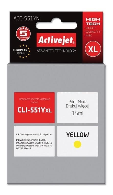 Activejet ACC-551YN (Canon CLI-551Y), geltona цена и информация | Kasetės rašaliniams spausdintuvams | pigu.lt