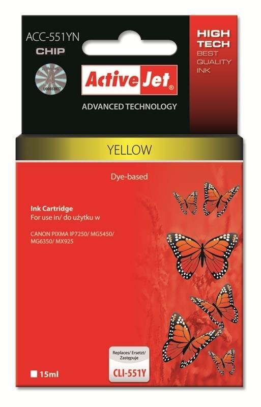Activejet ACC-551YN (Canon CLI-551Y), geltona kaina ir informacija | Kasetės rašaliniams spausdintuvams | pigu.lt
