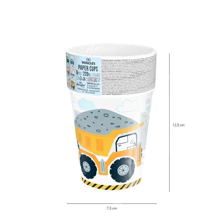 Popieriniai puodeliai su automobiliais ir kelio ženklais, 220ml, 6 vnt. цена и информация | Vienkartiniai indai šventėms | pigu.lt