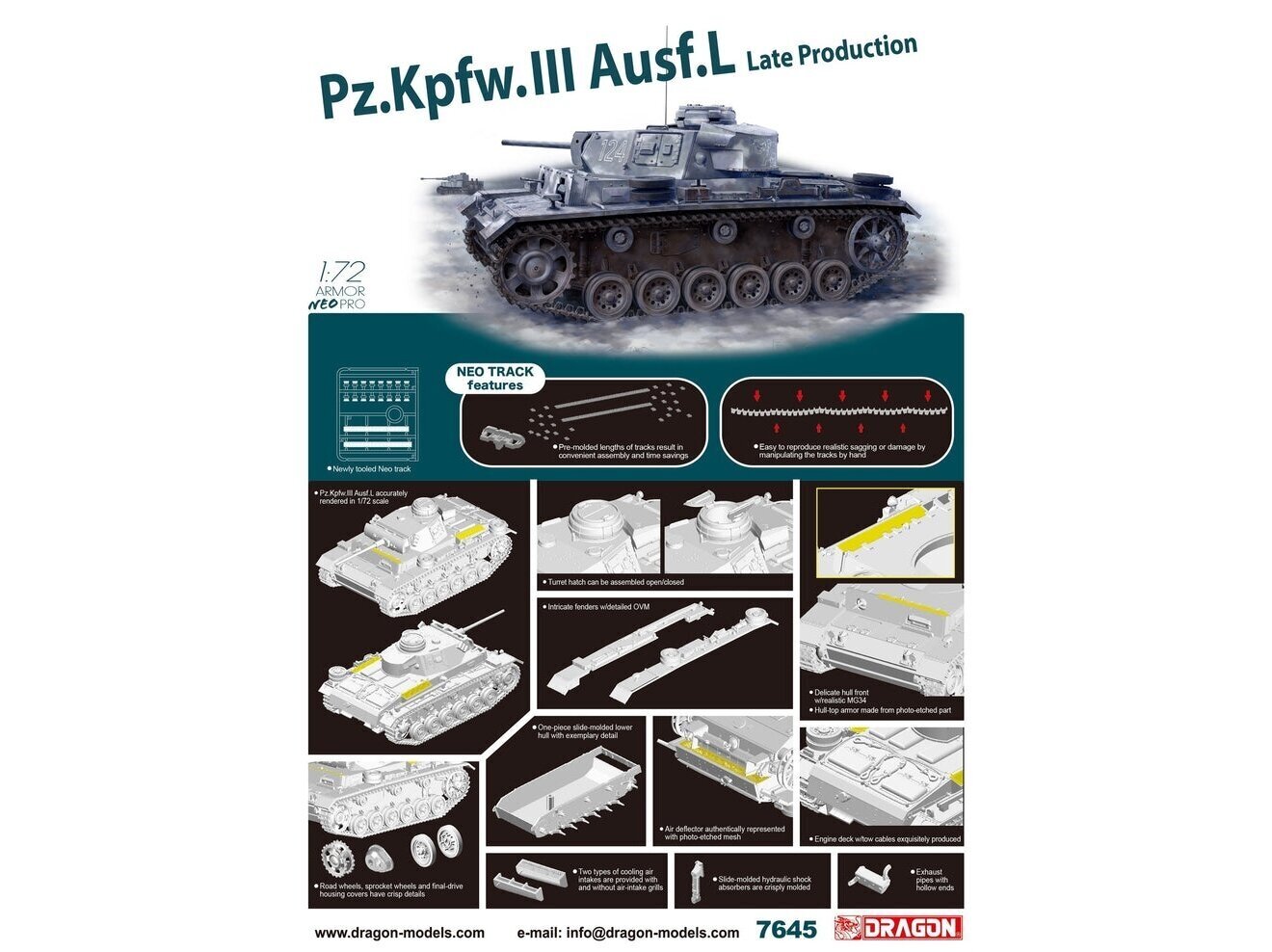 Konstruktorius Dragon Pz.Kpfw. III Ausf. L late production, 1/72, 7645 цена и информация | Konstruktoriai ir kaladėlės | pigu.lt