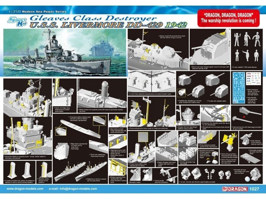 Konstruktorius Dragon Gleaves Class Destroyer USS Livermore DD-429 (1942), 1/350, 1027 kaina ir informacija | Konstruktoriai ir kaladėlės | pigu.lt