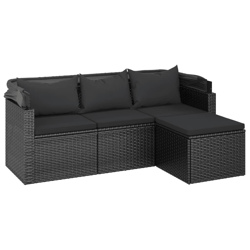 vidaXL Trivietė sodo sofa su stogeliu ir pakoja, juoda, poliratanas kaina ir informacija | Lauko kėdės, foteliai, pufai | pigu.lt