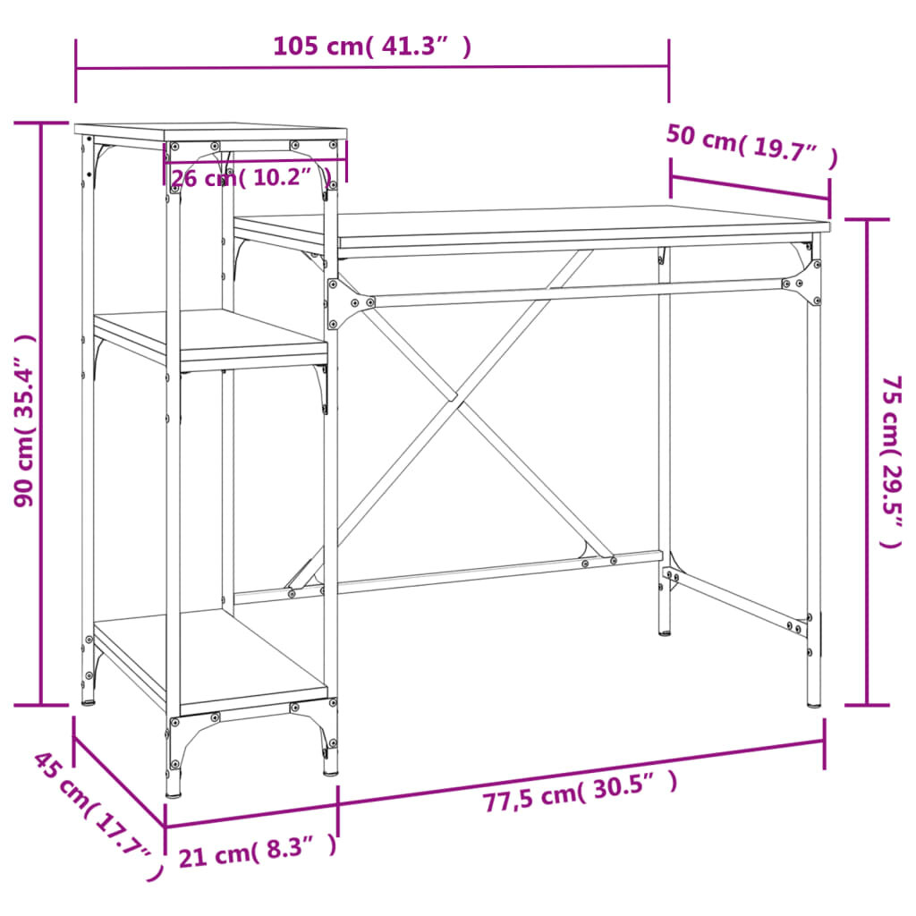 vidaXL Rašomasis stalas su lentynomis, juodas, 105x50x90cm, mediena kaina ir informacija | Kompiuteriniai, rašomieji stalai | pigu.lt