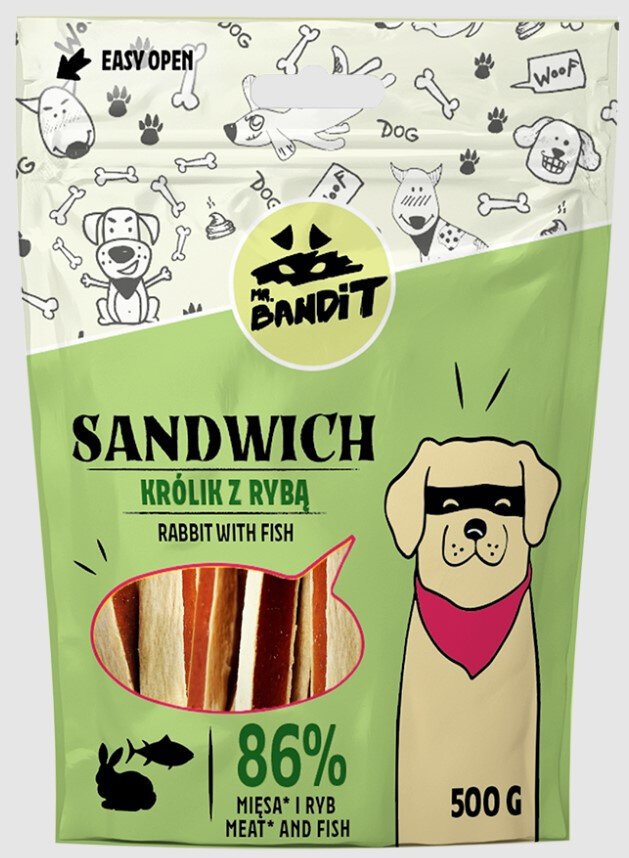 Mr. Bandit Sandwich su triušiena ir žuvimi, 500 g цена и информация | Skanėstai šunims | pigu.lt