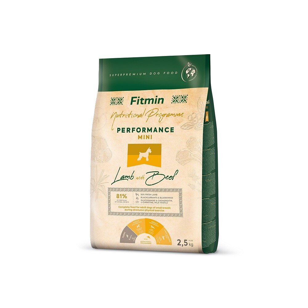 Fitmin Dog Nutritional Programme Mini Performance suaugusiems mažų veislių šunims su ėriena ir jautiena, 2,5 kg цена и информация | Sausas maistas šunims | pigu.lt