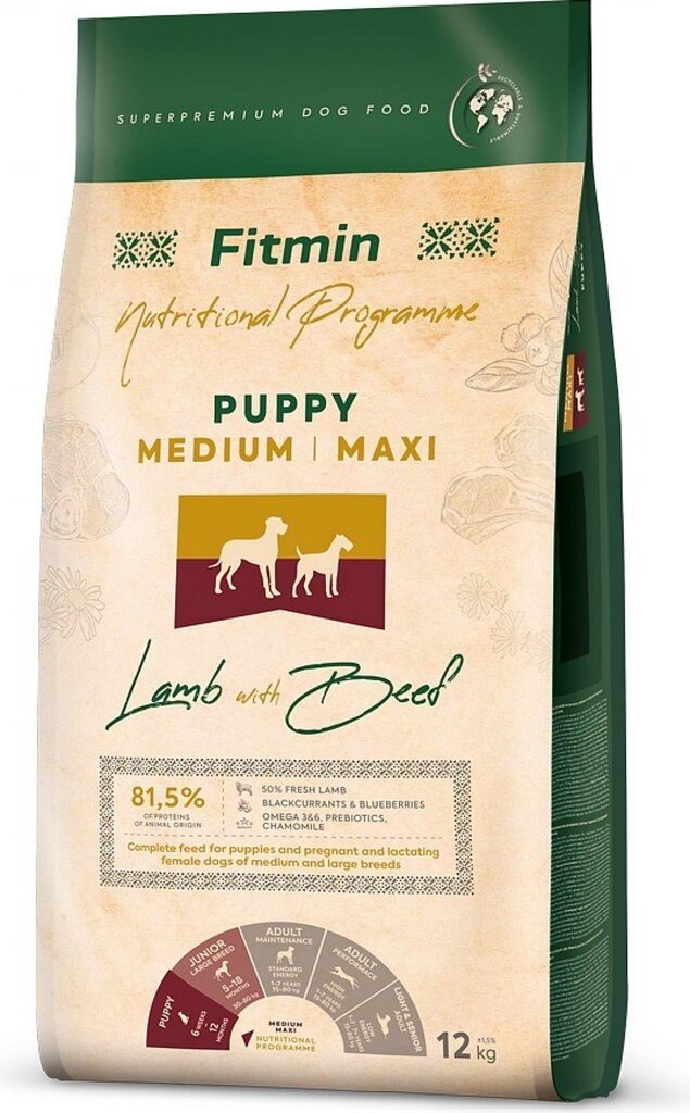 Fitmin Dog Nutritional Programme Medium Maxi Puppy vidutinių veislių šuniukams su ėriena ir jautiena, 12 kg цена и информация | Sausas maistas šunims | pigu.lt