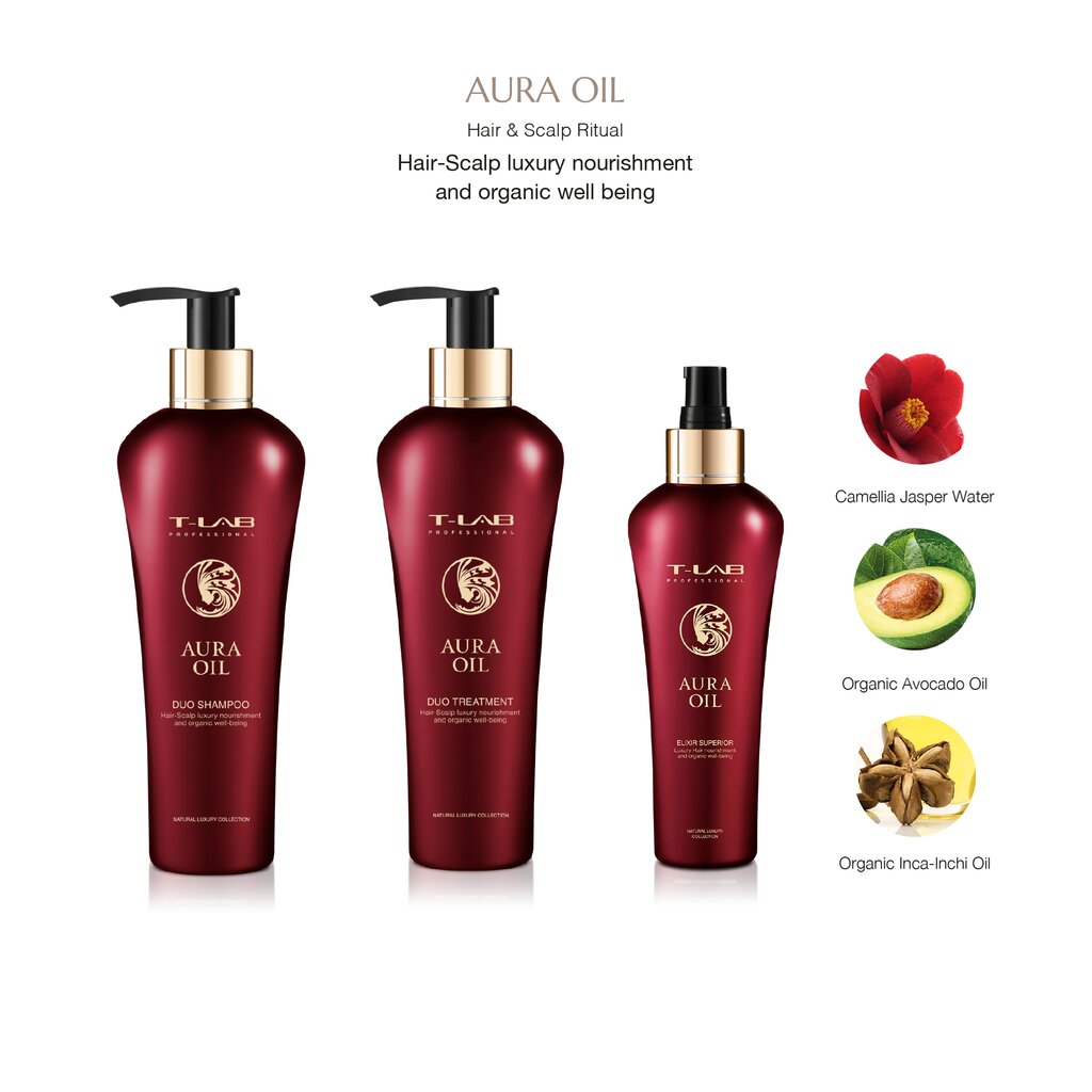 Rinkinys plaukų priežiūrai T-Lab Professional Aura Oil: šampūnas 300 ml + kondicionierius - kaukė, 300 ml + eliksyras, 150 ml kaina ir informacija | Priemonės plaukų stiprinimui | pigu.lt